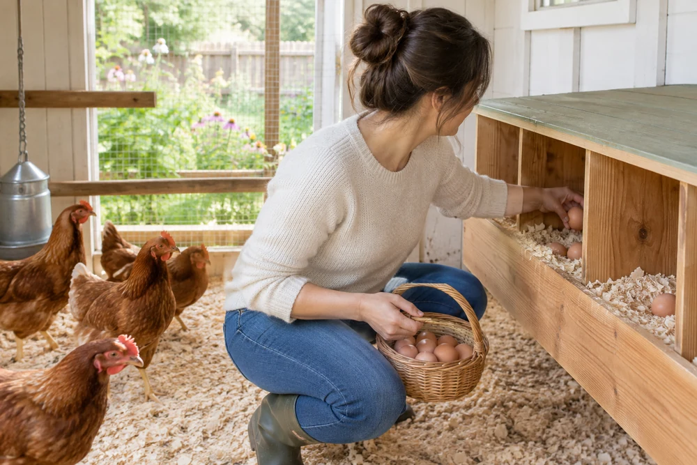 Woman collecting fresh eggs from a nesting box in a backyard chicken coop