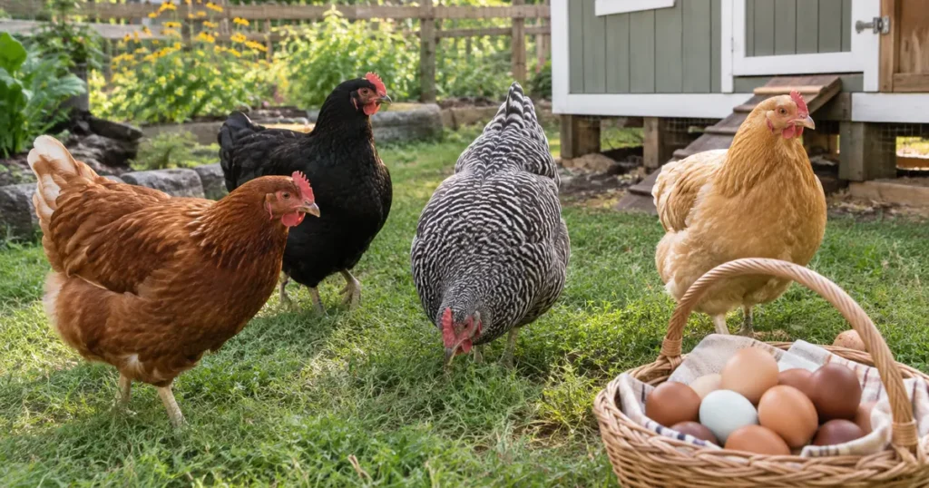 Mixed flock of the best egg-laying chickens beside a backyard coop with a basket of colorful eggs