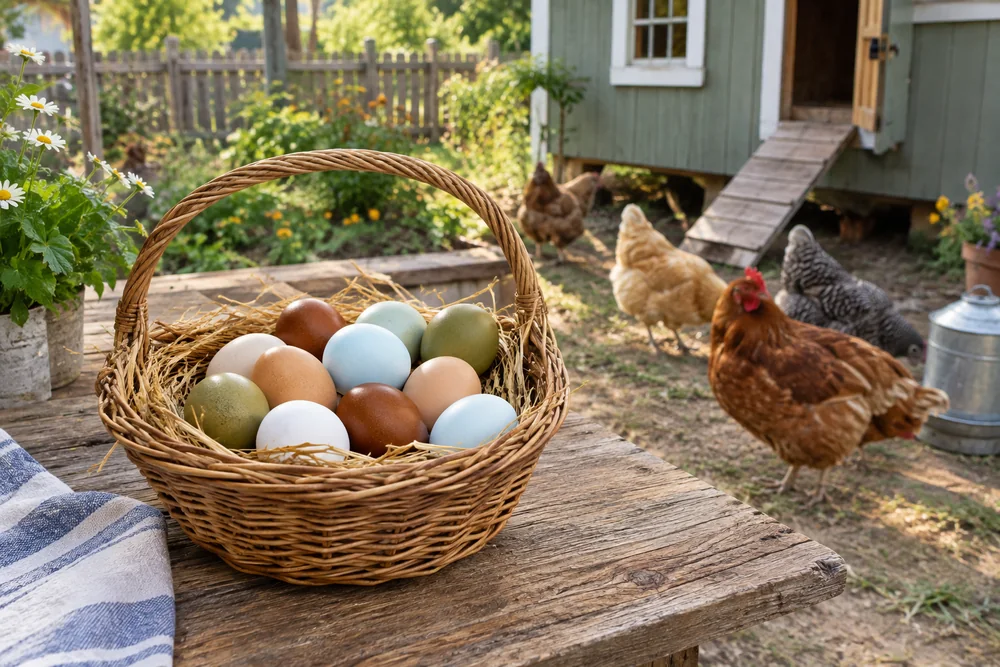 Basket of white, brown, chocolate, blue and green eggs from different egg-laying chicken breeds