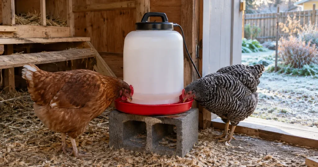 Hens drinking from a heated chicken waterer set on a block inside a wooden coop in winter
