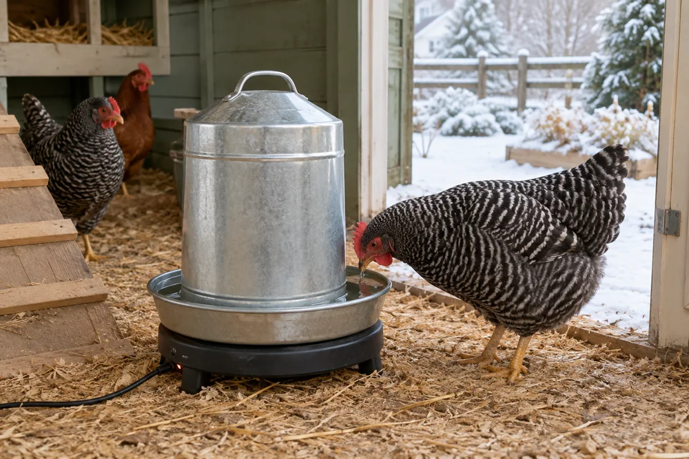 Galvanized fount on a heated poultry waterer base keeping chickens' water from freezing
