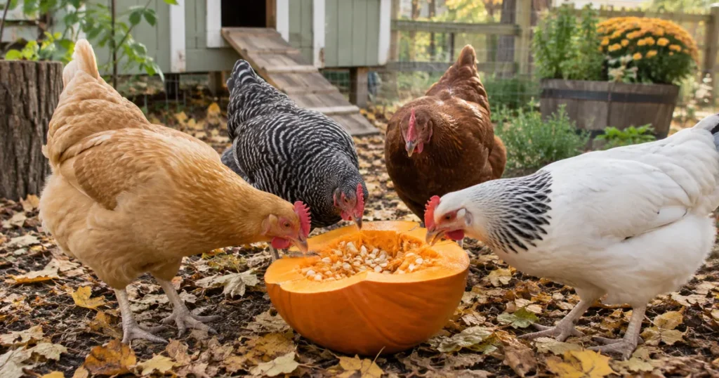 Hens pecking at a halved pumpkin, showing that chickens can eat pumpkin and pumpkin seeds