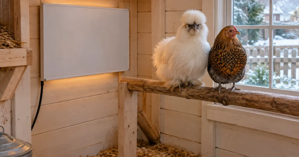 Flat radiant panel chicken coop heater mounted on a coop wall beside roosting bantam and Silkie hens