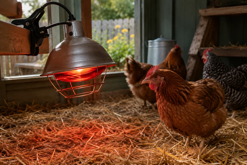 Chicken coop heat lamp hanging low over straw bedding, a common cause of coop fires