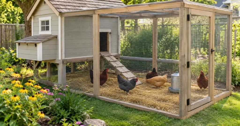 Spacious backyard chicken coop with walk-in run showing the right chicken coop size for a small flock