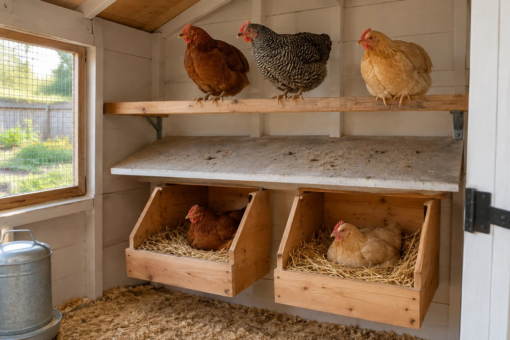 Chicken coop interior with roosting bar set higher than two nesting boxes filled with straw