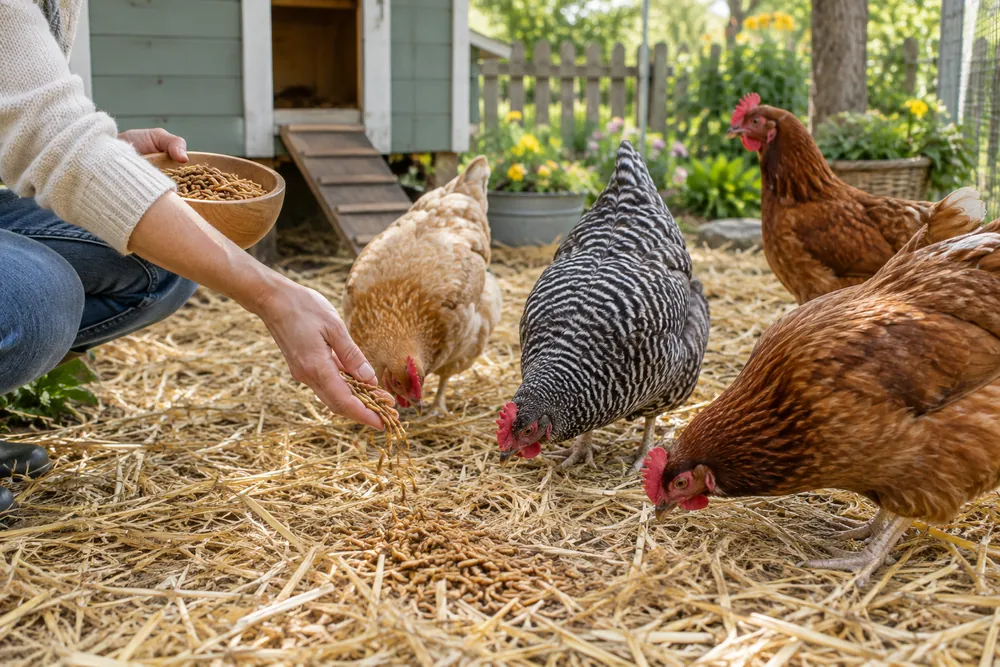 Feeding dried mealworms to molting chickens for extra protein