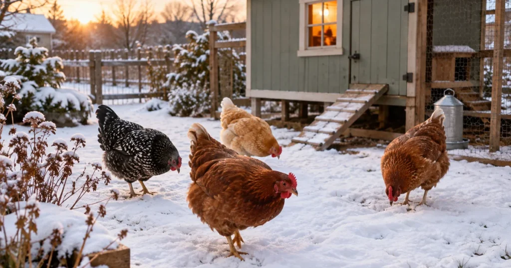 Hens in the snow beside a lit coop at dawn, showing how chickens can lay eggs in winter with added light