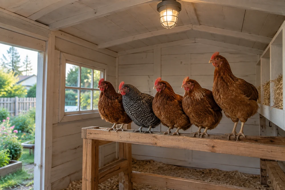 Ceiling-mounted LED chicken coop light above roosting hens in winter
