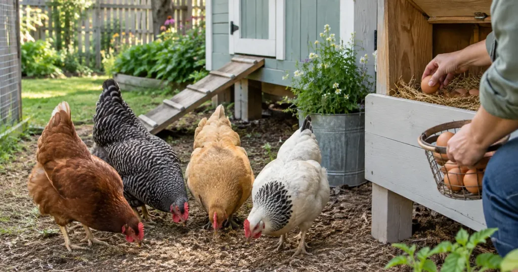 Four backyard hens near a coop, showing how many chickens you should get for a family's eggs