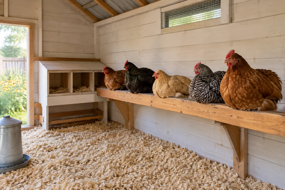 Hens on a wide roost above deep litter bedding in a well-ventilated winter coop
