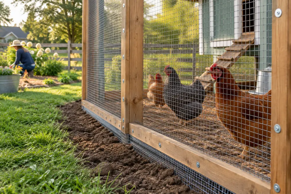 Hardware cloth screwed to a chicken run frame with a wire apron along the ground
