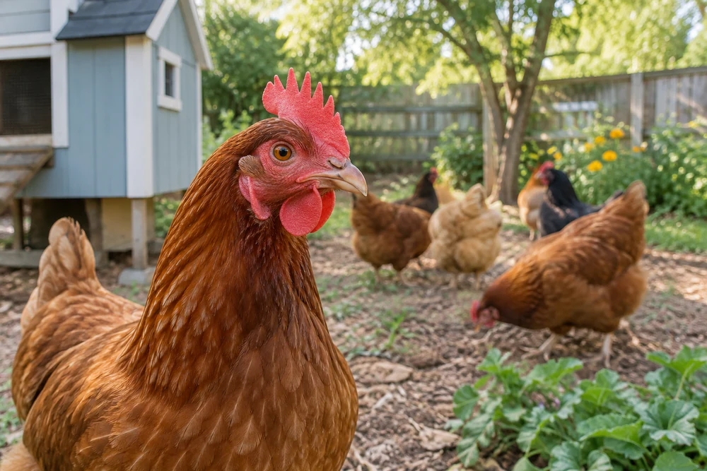 Healthy hen with a bright red comb and clear eyes, a reference for spotting sick chicken symptoms