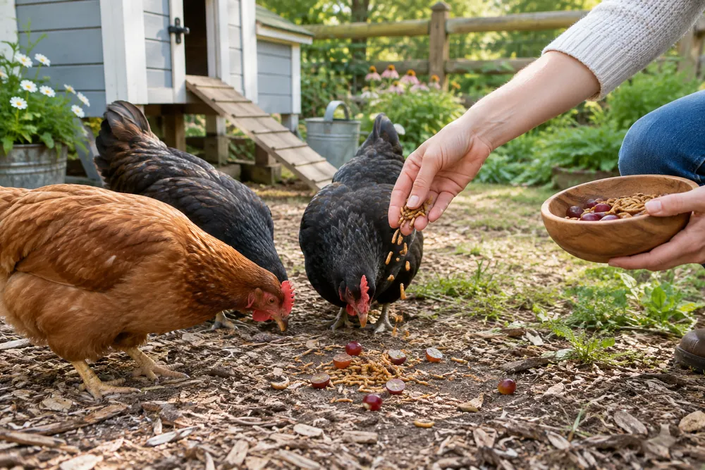 Hens eating halved grapes and mealworms as healthy chicken treats