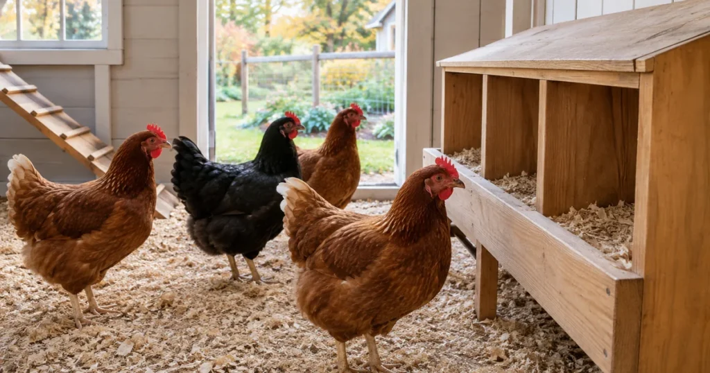 Hens beside an empty nesting box in a backyard coop, a common sight when chickens are not laying eggs