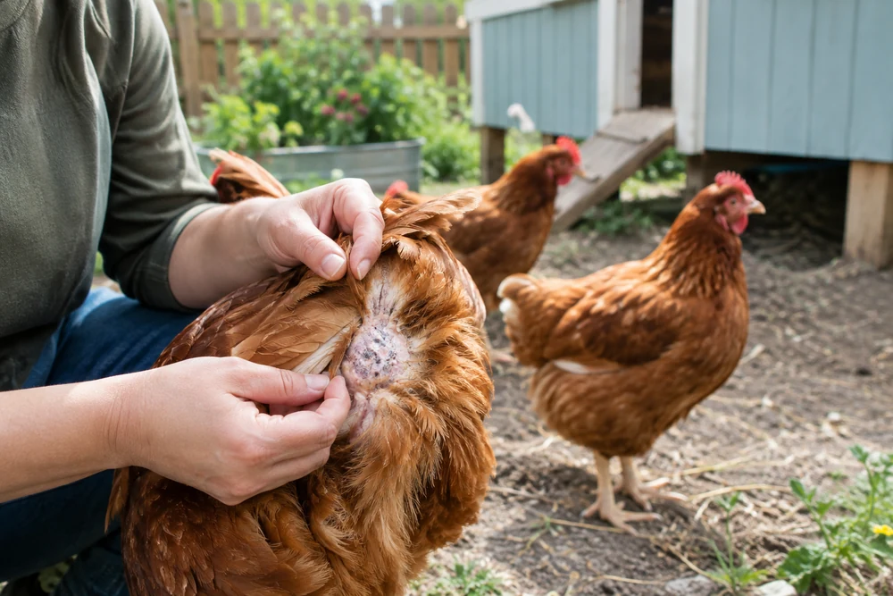 Checking a hen's feathers for mites, one reason chickens are not laying eggs